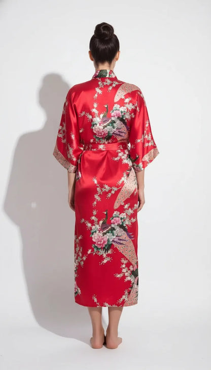 Pyjama Satin Rouge pour Femme | Kimono Long à Motifs Floraux | 1 Pièce - Vue de dos