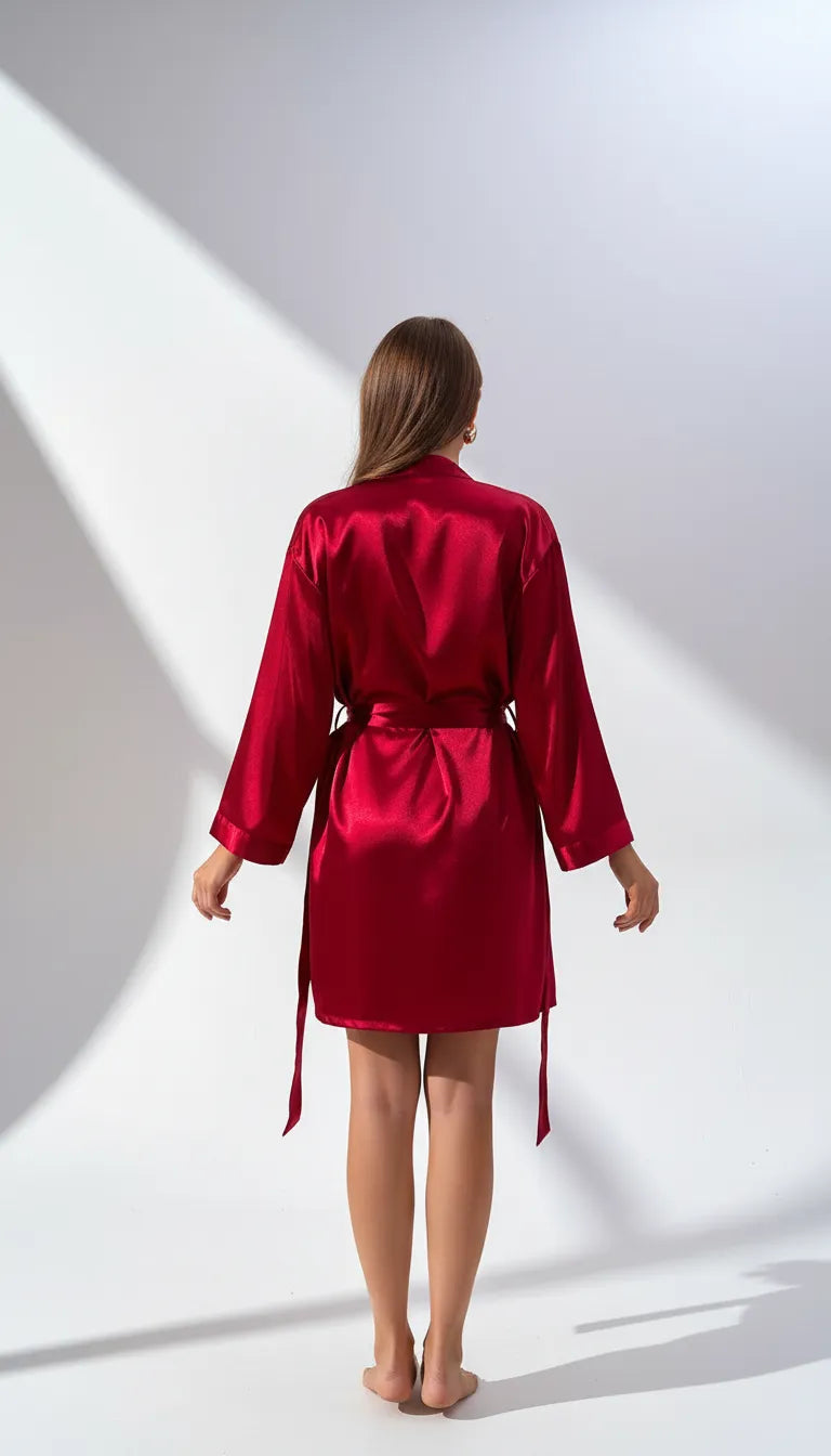 Pyjama Satin Rouge pour Femme | Nuisette en Dentelle & Kimono Satin Long | 2 Pièces - Vue de dos