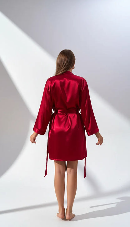 Pyjama Satin Rouge pour Femme | Nuisette en Dentelle & Kimono Satin Long | 2 Pièces - Vue de dos