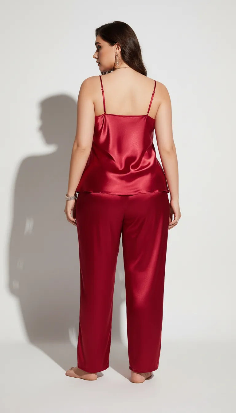 Pyjama Satin Rouge pour Femme | Débardeur & Pantalon Fluide | Ensemble 2 Pièces - Vue de dos