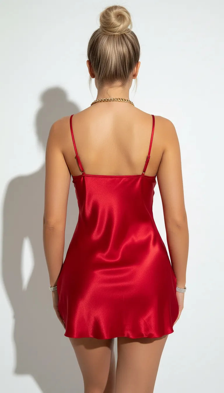 Pyjama Satin Rouge pour Femme | Nuisette Décolleté V | 1 Pièce - Vue de dos