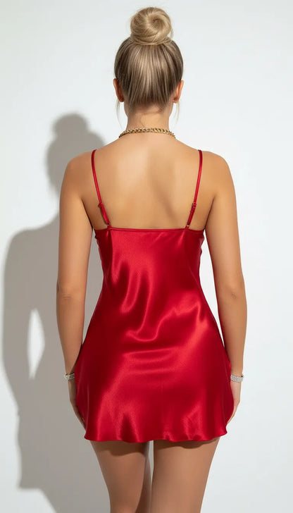 Pyjama Satin Rouge pour Femme | Nuisette Décolleté V | 1 Pièce - Vue de dos