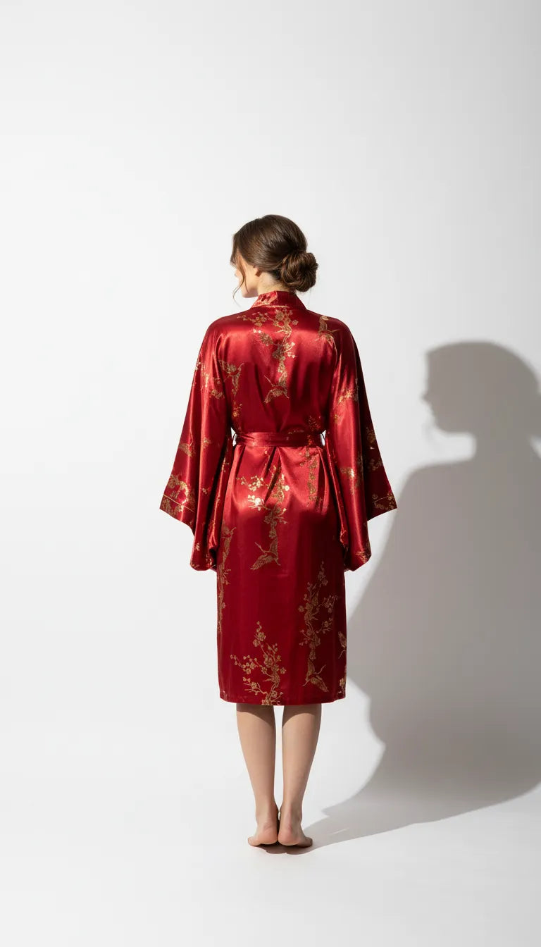 Pyjama Satin Rouge pour Femme | Kimono Long à Manches Larges Orné | 1 Pièce - Vue de dos