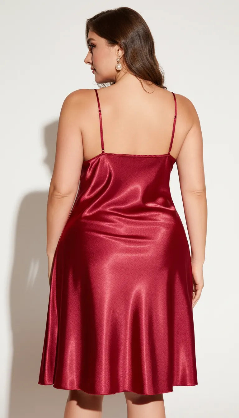 Pyjama Satin Rouge pour Femme | Nuisette Décolletée | Bretelles Fines | 1 Pièce - Vue de dos