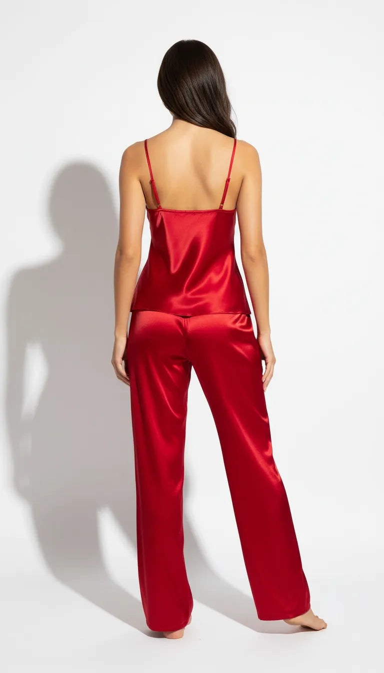 Pyjama Satin Rouge pour Femme | Débardeur & Pantalon Fluide | Ensemble 2 Pièces - Vue de dos