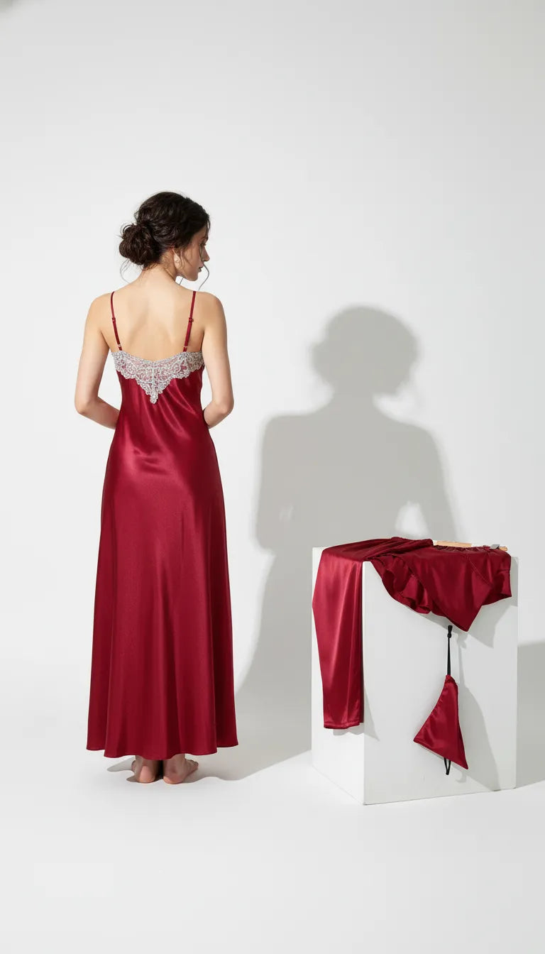 Pyjama Satin Rouge pour Femme | Nuisette à Dentelle & Ensemble 4 Pièces | Short & Pantalon - Vue de dos