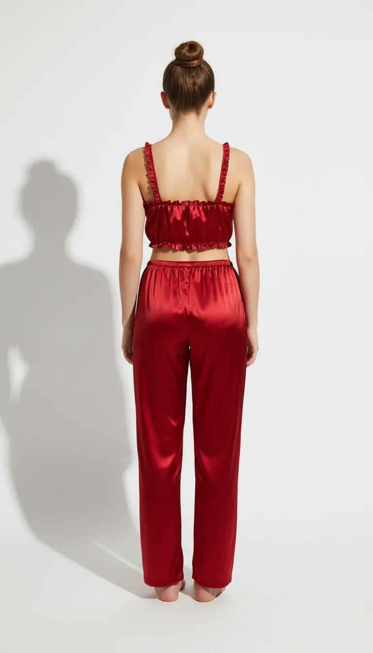 Pyjama Satin Rouge pour Femme | Débardeur à Bretelles et Shorty | Ensemble 3 Pièces - Vue de dos