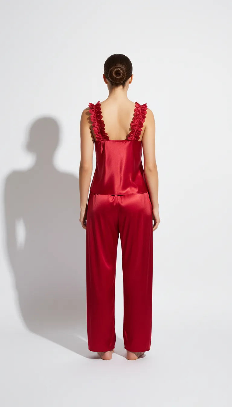 Pyjama Satin Rouge pour Femme | Débardeur avec Détails Floraux & Pantalon Large | 2 Pièces - Vue de dos