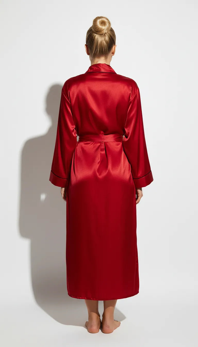Pyjama Satin Rouge pour Femme | Kimono Long à liseré Noir | 1 Pièce - Vue de dos