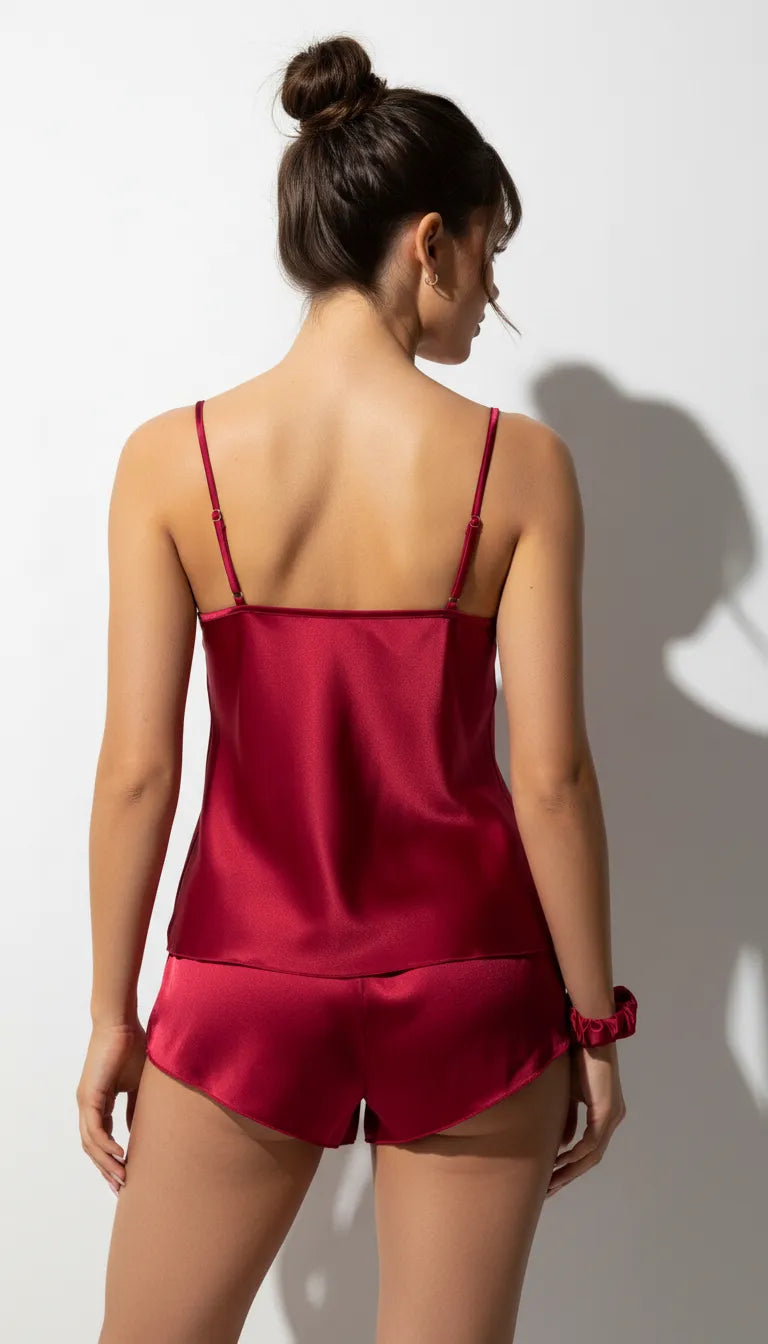 Pyjama Satin Rouge pour Femme | Débardeur Drapé & Short | Ensemble 2 Pièces - Vue de dos