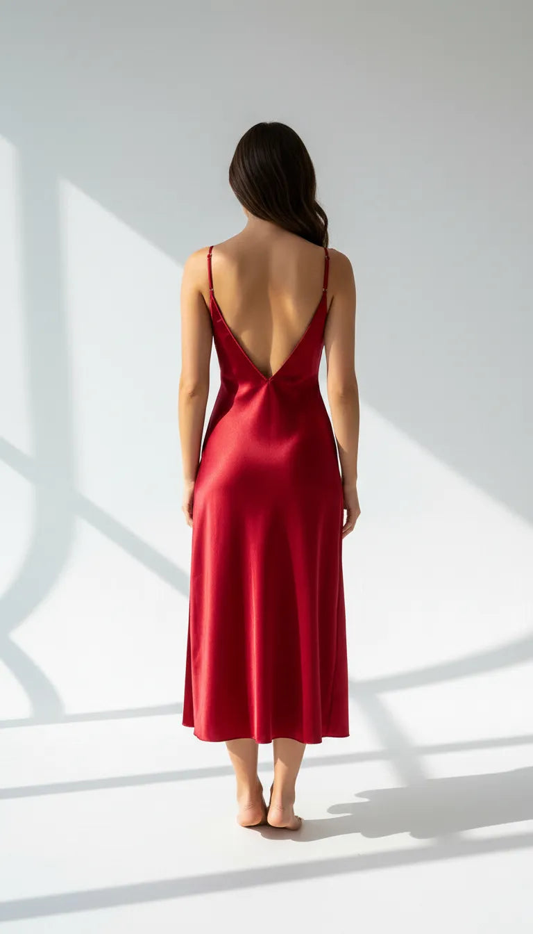 Pyjama Satin Rouge pour Femme | Nuisette Longue avec Fente Audacieuse | 1 Pièce - Vue de dos