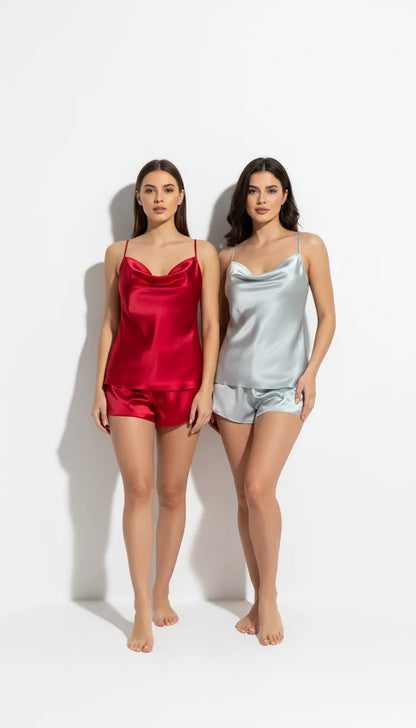 Pyjama Satin Rouge pour Femme | Débardeur à Col Cascade & Short | Ensemble 2 Pièces | Pack 2 Pièces - Vue de face