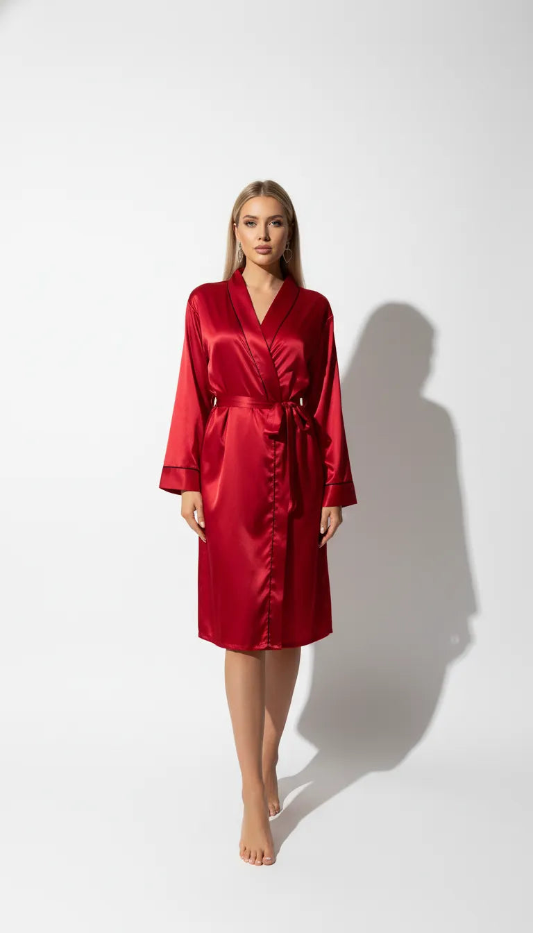Pyjama Satin Rouge pour Femme | Kimono Long à liseré Noir | 1 Pièce - Vue de face