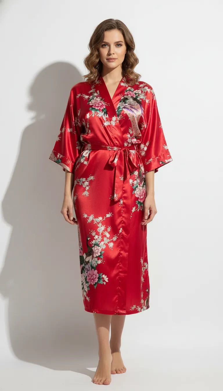 Pyjama Satin Rouge pour Femme | Kimono Long à Motifs Floraux | 1 Pièce - Vue de face