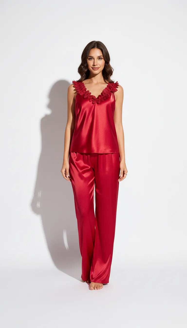 Pyjama Satin Rouge pour Femme | Débardeur avec Détails Floraux & Pantalon Large | 2 Pièces - Vue de face