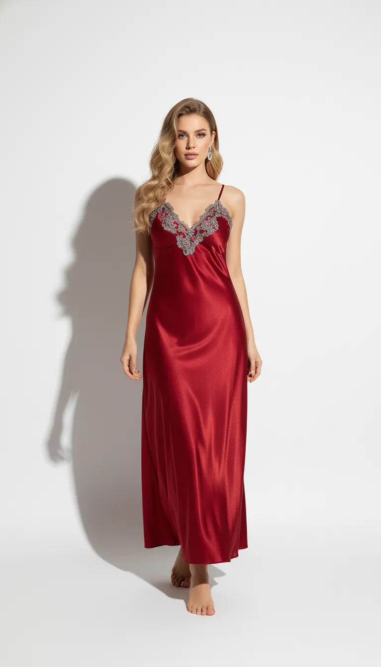 Pyjama Satin Rouge pour Femme | Nuisette Longue avec Décolleté Dentelle | 1 Pièce - Vue de face
