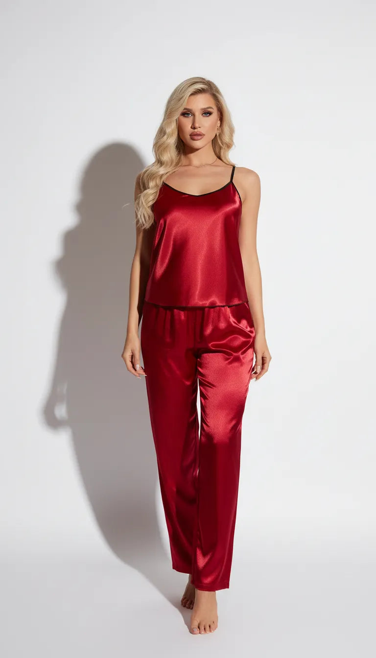 Pyjama Satin Rouge pour Femme | Débardeur dos dentelle & Pantalon fluide | Ensemble 2 Pièces - Vue de face