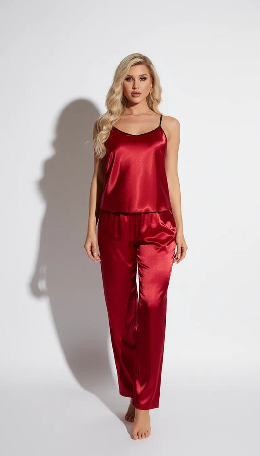 Pyjama Satin Rouge pour Femme | Débardeur dos dentelle & Pantalon fluide | Ensemble 2 Pièces - Vue de face