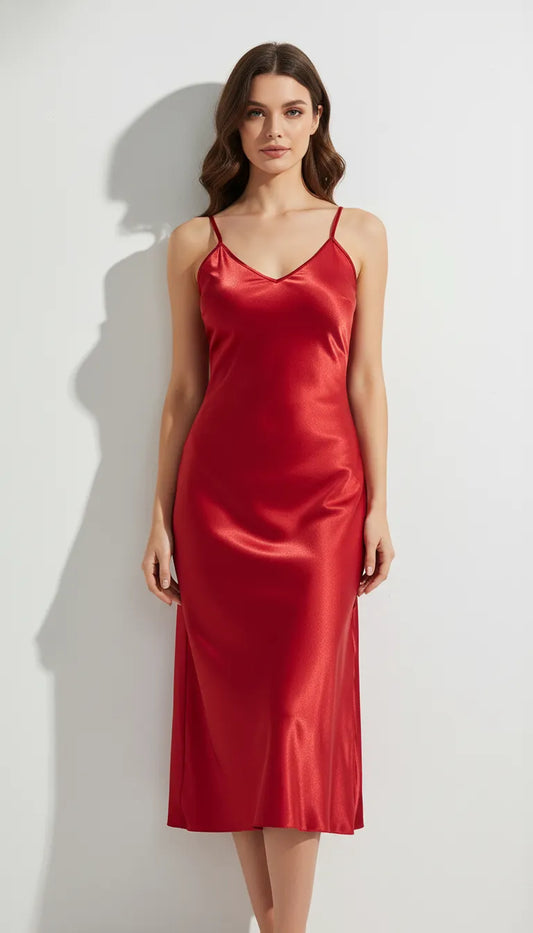Pyjama Satin Rouge pour Femme | Nuisette Longue | 1 Pièce - Vue de face
