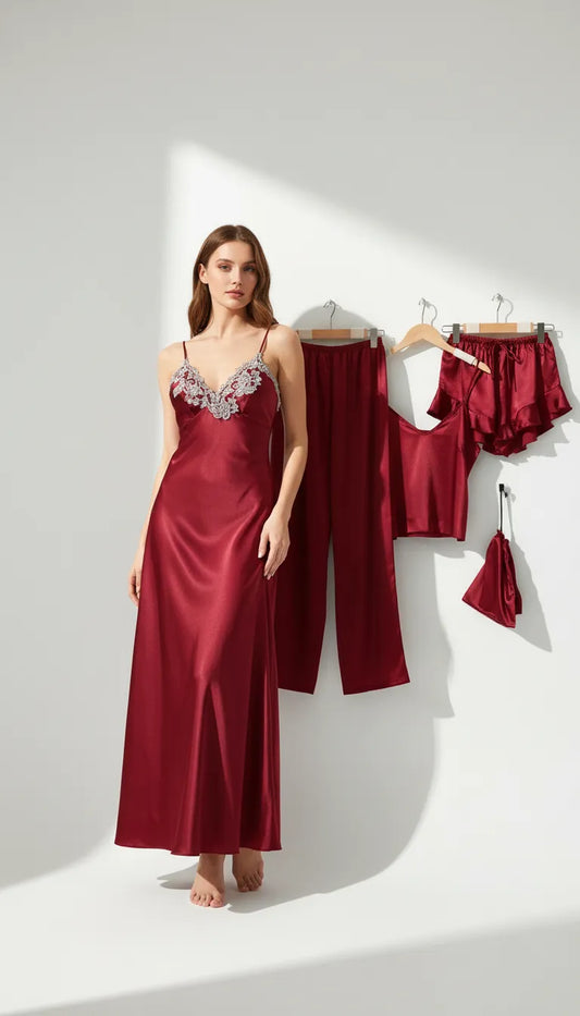 Pyjama Satin Rouge pour Femme | Nuisette à Dentelle & Ensemble 4 Pièces | Short & Pantalon - Vue de face