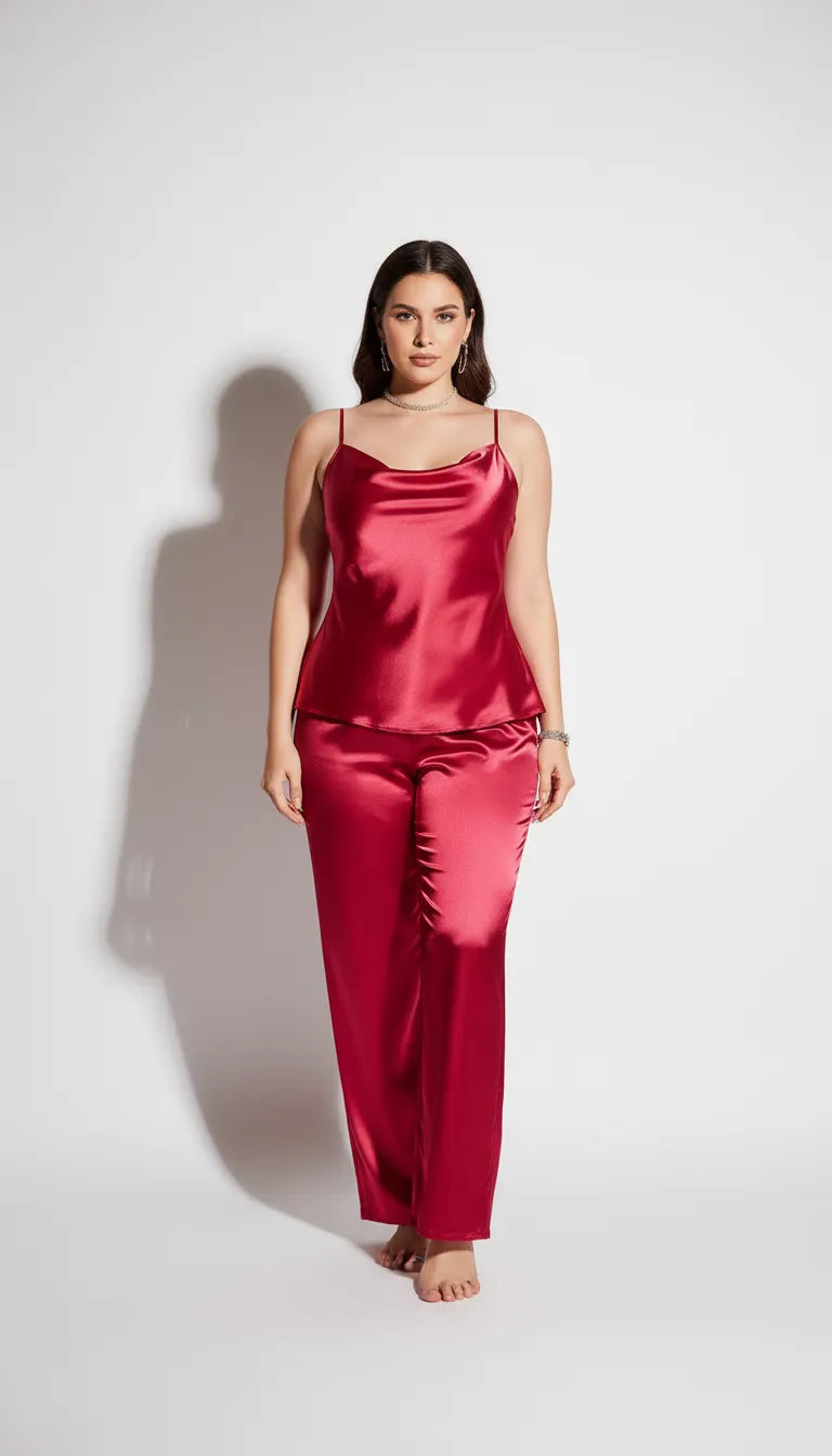 Pyjama Satin Rouge pour Femme | Débardeur & Pantalon Fluide | Ensemble 2 Pièces - Vue de face