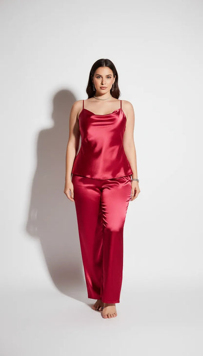 Pyjama Satin Rouge pour Femme | Débardeur & Pantalon Fluide | Ensemble 2 Pièces - Vue de face