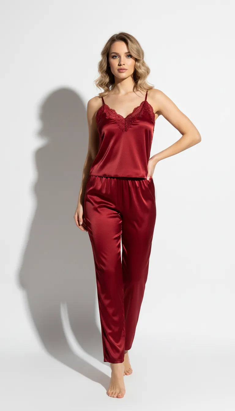 Pyjama Satin Rouge pour Femme | Débardeur avec Dentelle & Pantalon | Ensemble 2 Pièces - Vue de face