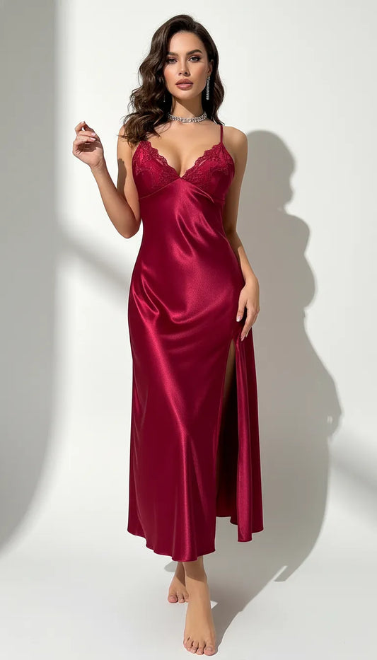 Pyjama Satin Rouge pour Femme | Nuisette Longue avec Dentelle | 1 Pièce - Vue de face