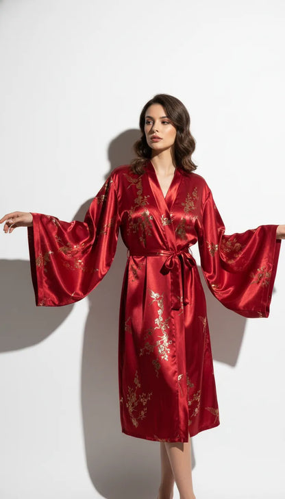 Pyjama Satin Rouge pour Femme | Kimono Long à Manches Larges Orné | 1 Pièce - Vue de face