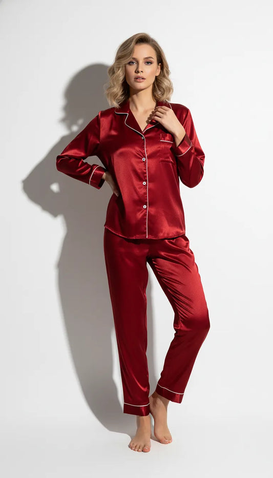 Pyjama Satin Rouge pour Femme | Ensemble Classique Élégant 2 Pièces | Chemise Manches Longues et Pantalon - Vue de face