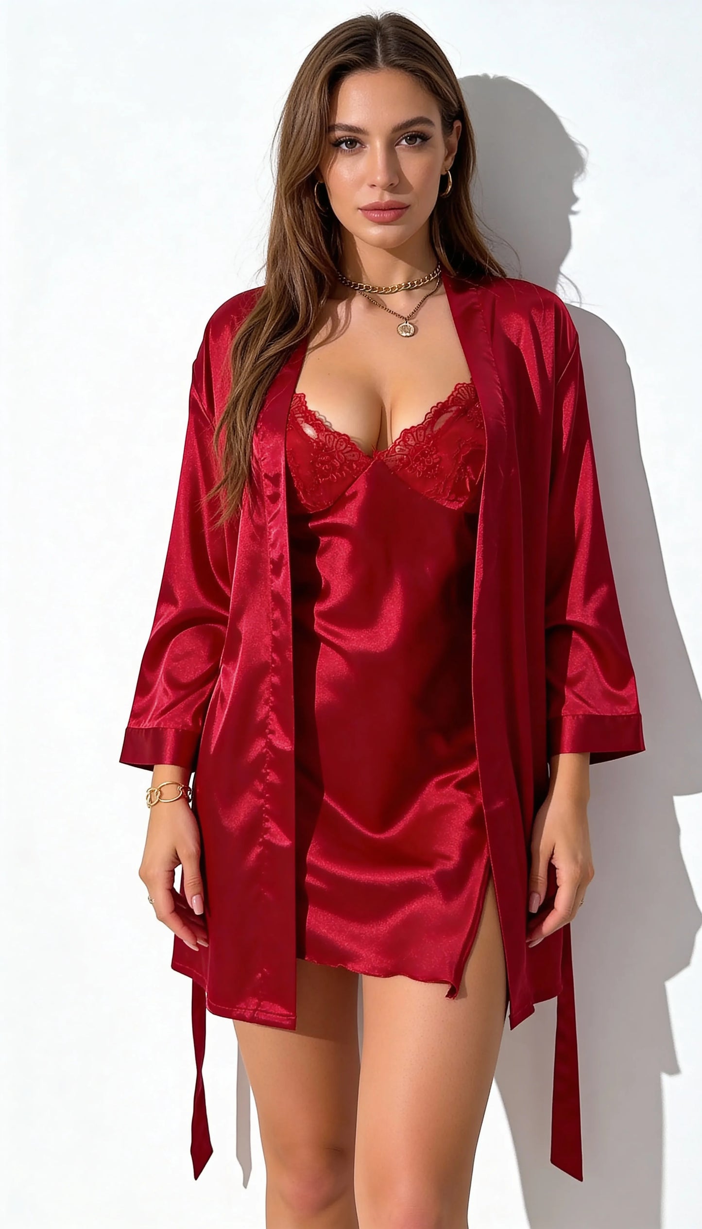 Pyjama Satin Rouge pour Femme | Nuisette en Dentelle & Kimono Satin Long | 2 Pièces - Vue de face