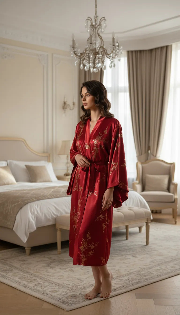 Pyjama Satin Rouge pour Femme | Kimono Long à Manches Larges Orné | 1 Pièce - Mise en situation portée
