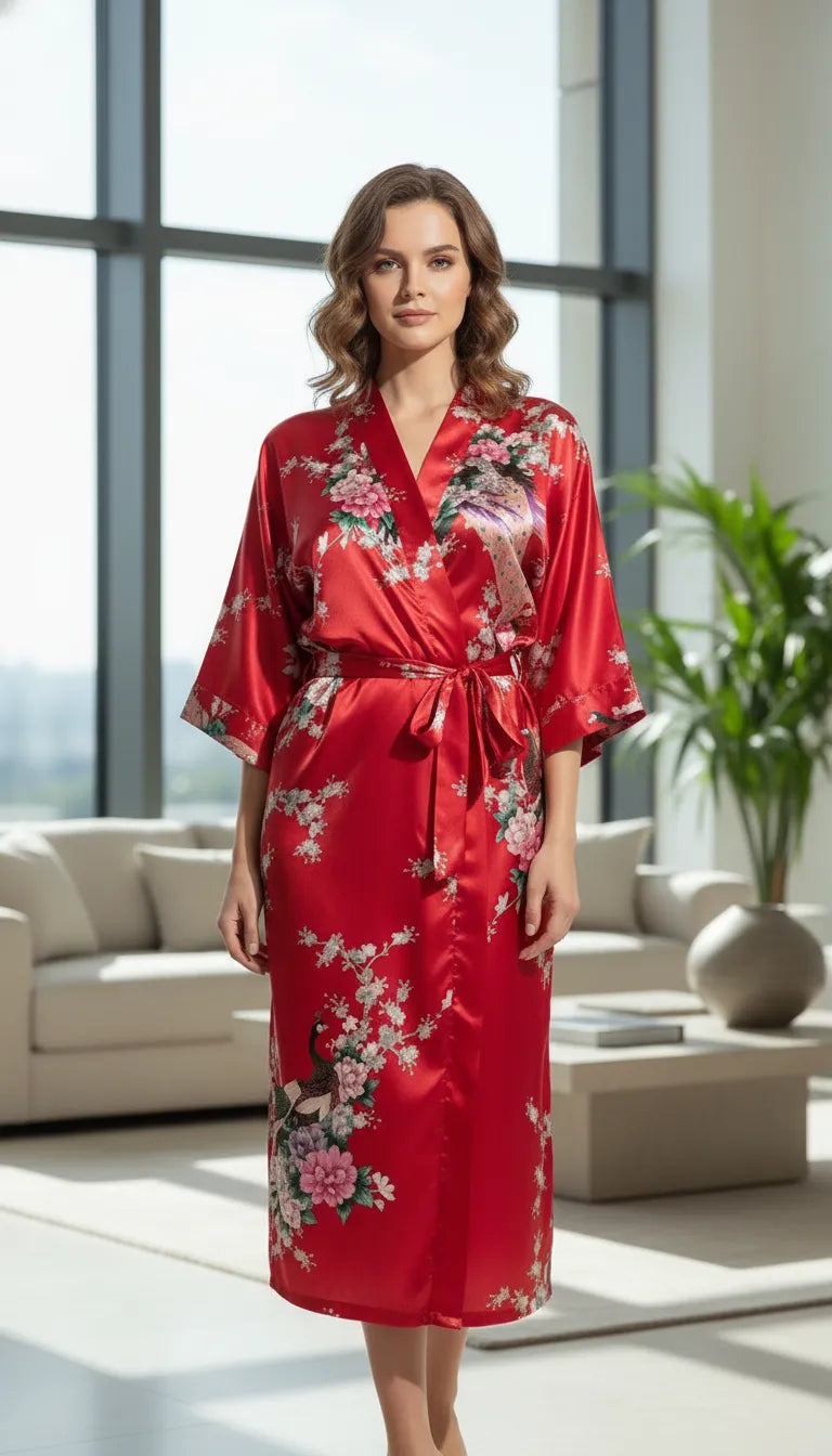 Pyjama Satin Rouge pour Femme | Kimono Long à Motifs Floraux | 1 Pièce - Mise en situation portée