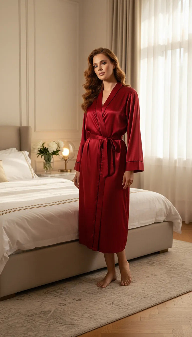 Pyjama Satin Rouge pour Femme | Kimono Long à liseré Noir | 1 Pièce - Mise en situation portée