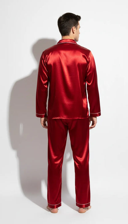 Pyjama Satin Rouge pour Homme | Élégance Classique | Chemise Manches Longues & Pantalon | Ensemble 2 Pièces - Vue de dos