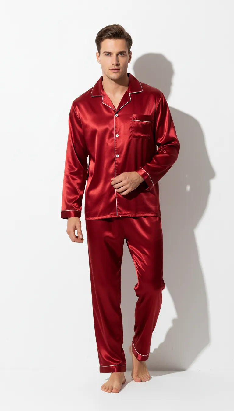 Pyjama Satin Rouge pour Homme | Élégance Classique | Chemise Manches Longues & Pantalon | Ensemble 2 Pièces - Vue de face