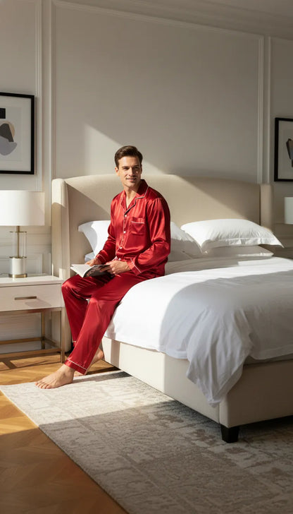 Pyjama Satin Rouge pour Homme | Élégance Classique | Chemise Manches Longues & Pantalon | Ensemble 2 Pièces - Mise en situation portée