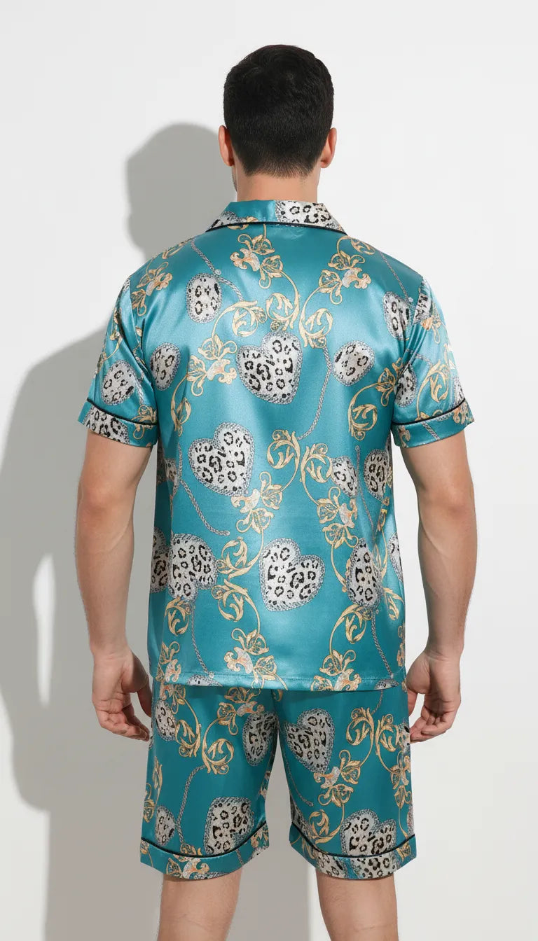 Pyjama Satin Turquoise à motifs Léopard pour Homme | Moderne et Chic | Chemise Manches Courtes & Short | Ensemble 2 Pièces. - Vue de dos