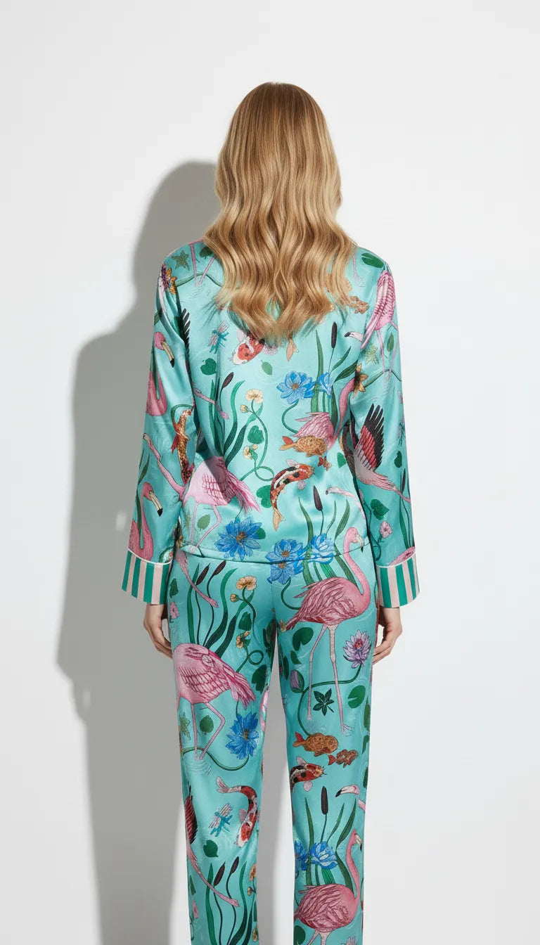 Pyjama Satin Turquoise à motifs de flamants roses pour Femme | Chemise à manches longues & Pantalon | Ensemble 2 Pièces - Vue de dos