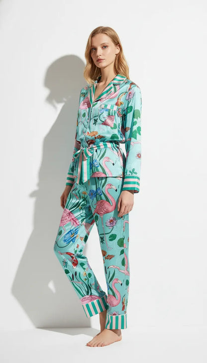 Pyjama Satin Turquoise à motifs de flamants roses pour Femme | Chemise à manches longues & Pantalon | Ensemble 2 Pièces - Vue de face