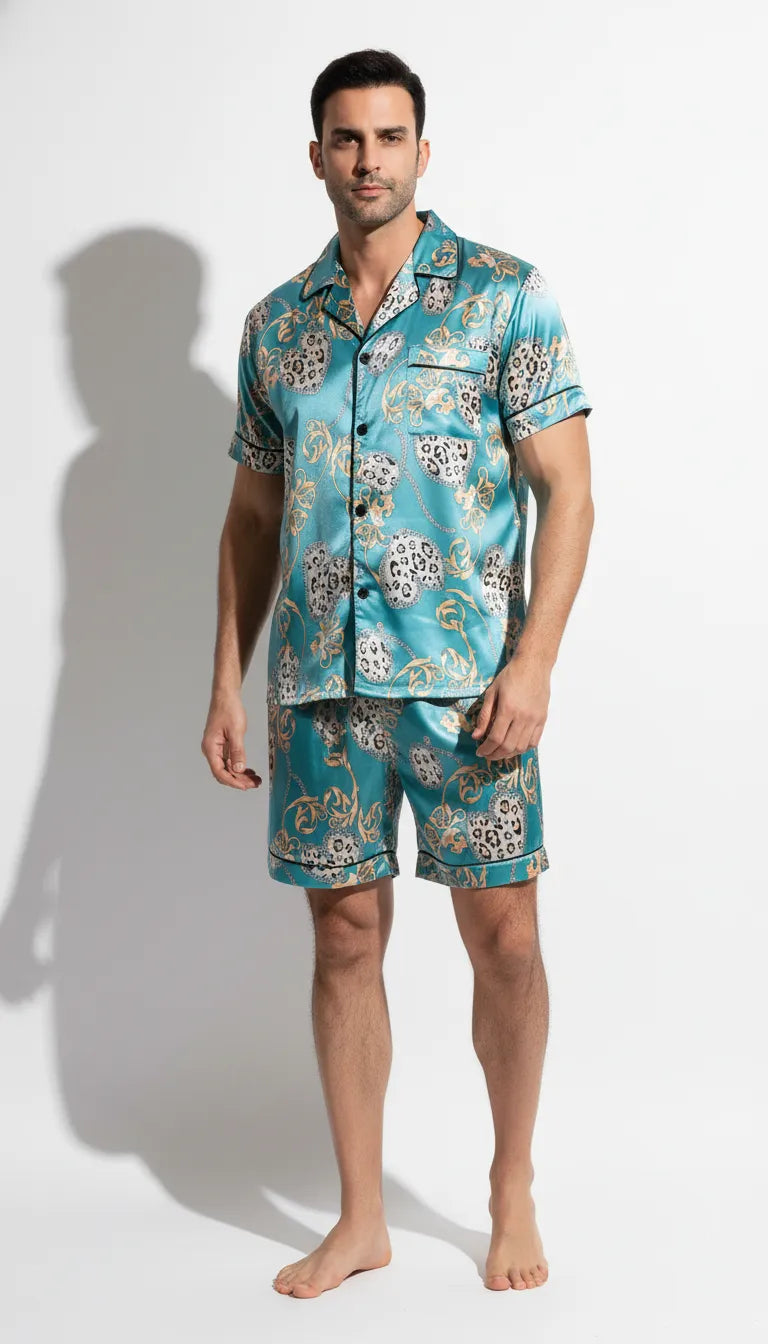 Pyjama Satin Turquoise à motifs Léopard pour Homme | Moderne et Chic | Chemise Manches Courtes & Short | Ensemble 2 Pièces. - Vue de face