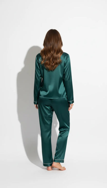 Pyjama Satin Vert Émeraude Femme | Chemise Boutonnée avec Détail Cœur & Pantalon | Ensemble 2 Pièces - Vue de dos