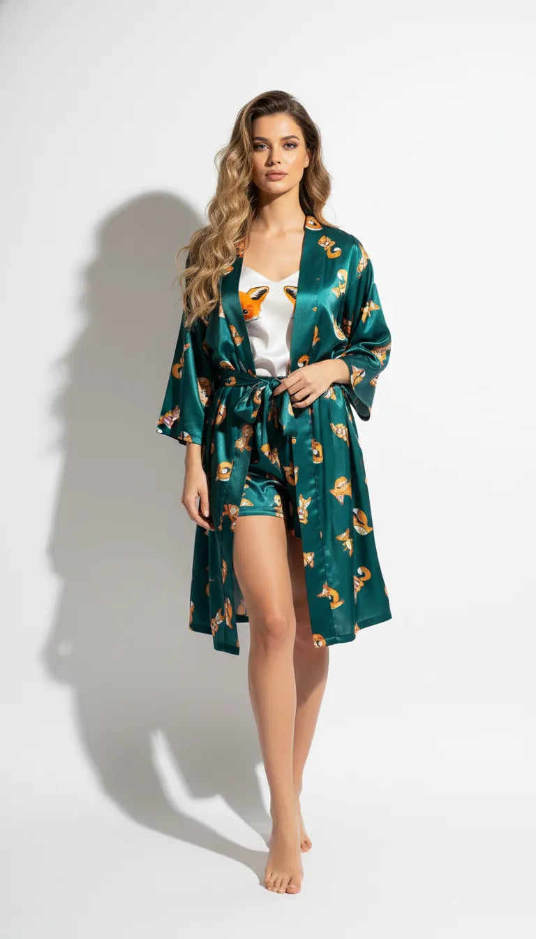 Pyjama Satin Vert Émeraude Femme | Kimono Long à Motifs Renard & Ensemble 3 Pièces | Short - Vue de face