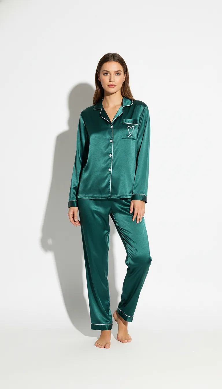 Pyjama Satin Vert Émeraude Femme | Chemise Boutonnée avec Détail Cœur & Pantalon | Ensemble 2 Pièces - Vue de face