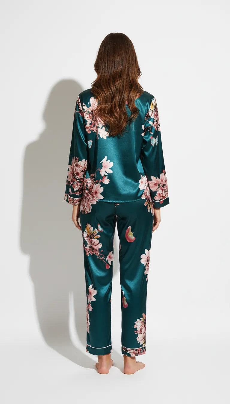 Pyjama Satin Vert Émeraude & Floral pour Femme | Ensemble 2 Pièces : Chemise Manches Longues & Pantalon - Vue de dos