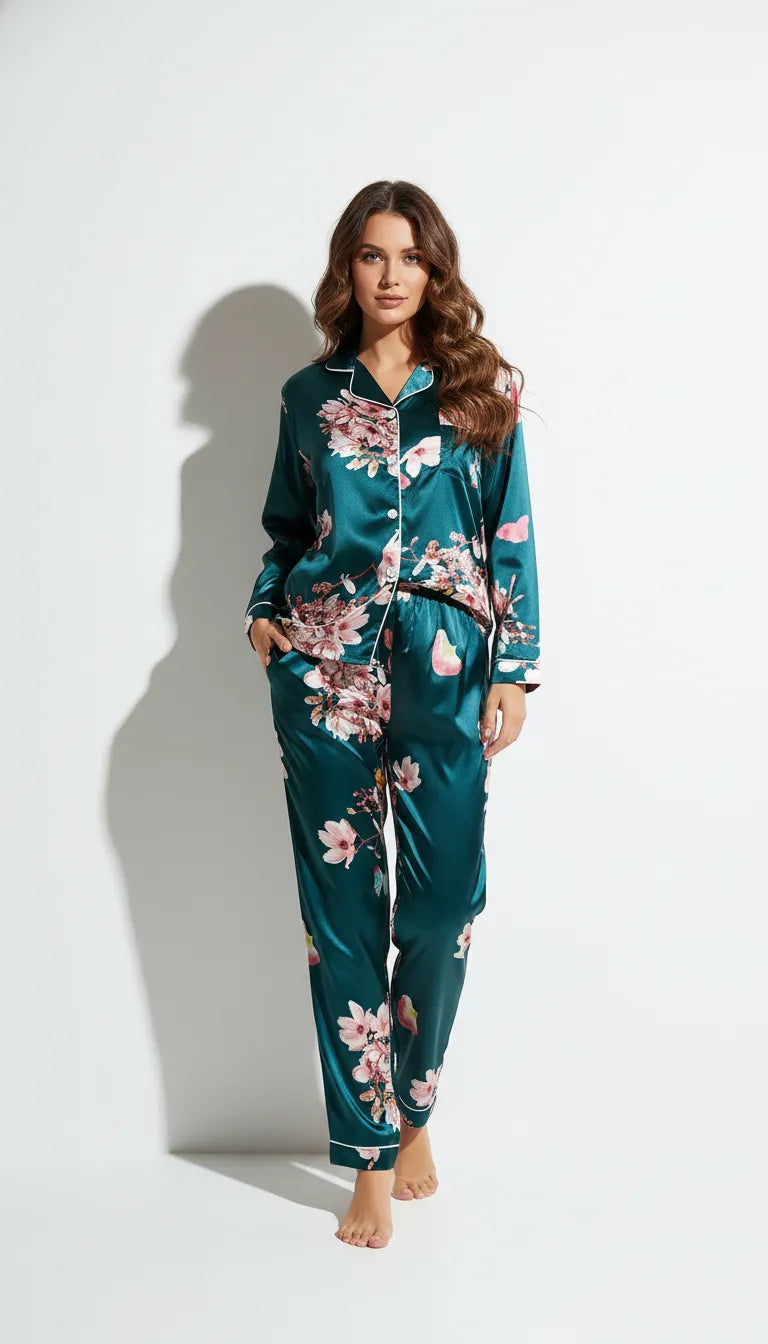 Pyjama Satin Vert Émeraude & Floral pour Femme | Ensemble 2 Pièces : Chemise Manches Longues & Pantalon - Vue de face