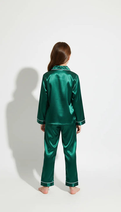 Pyjama Satin Vert Émeraude pour Enfants | Classique Boutonné | Ensemble 2 Pièces | Manches Longues - Vue de dos