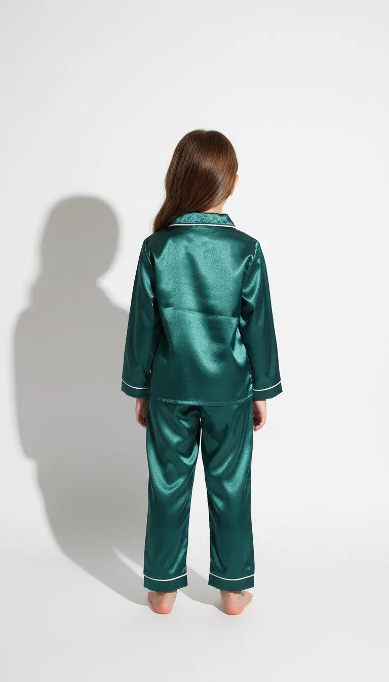 Pyjama Satin Vert Émeraude pour Enfant | Moderne & Chic | Chemise Manches Longues & Pantalon | Ensemble 2 Pièces - Vue de dos