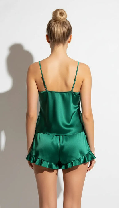 Pyjama Satin Vert Émeraude pour Femme | Débardeur & Short à Volants | Ensemble 2 Pièces - Vue de dos