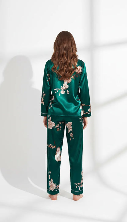 Pyjama Satin Vert Émeraude pour Femme | Ensemble Floral | Chemise Manches Longues et Pantalon | 2 Pièces - Vue de dos